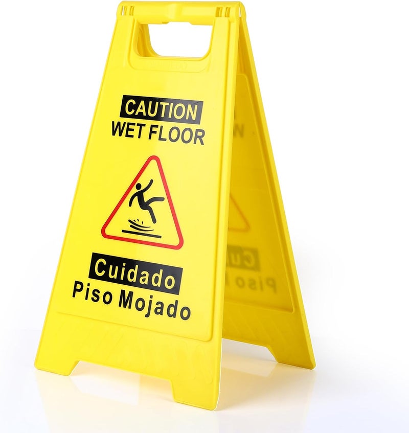 WOUSEDO 1-Pack Caution Wet Floor Sign,17.5" Height,Bright Yellow Double-Sided Folding A-Shaped Frame Design, Bilingual Caution Message - Image 1